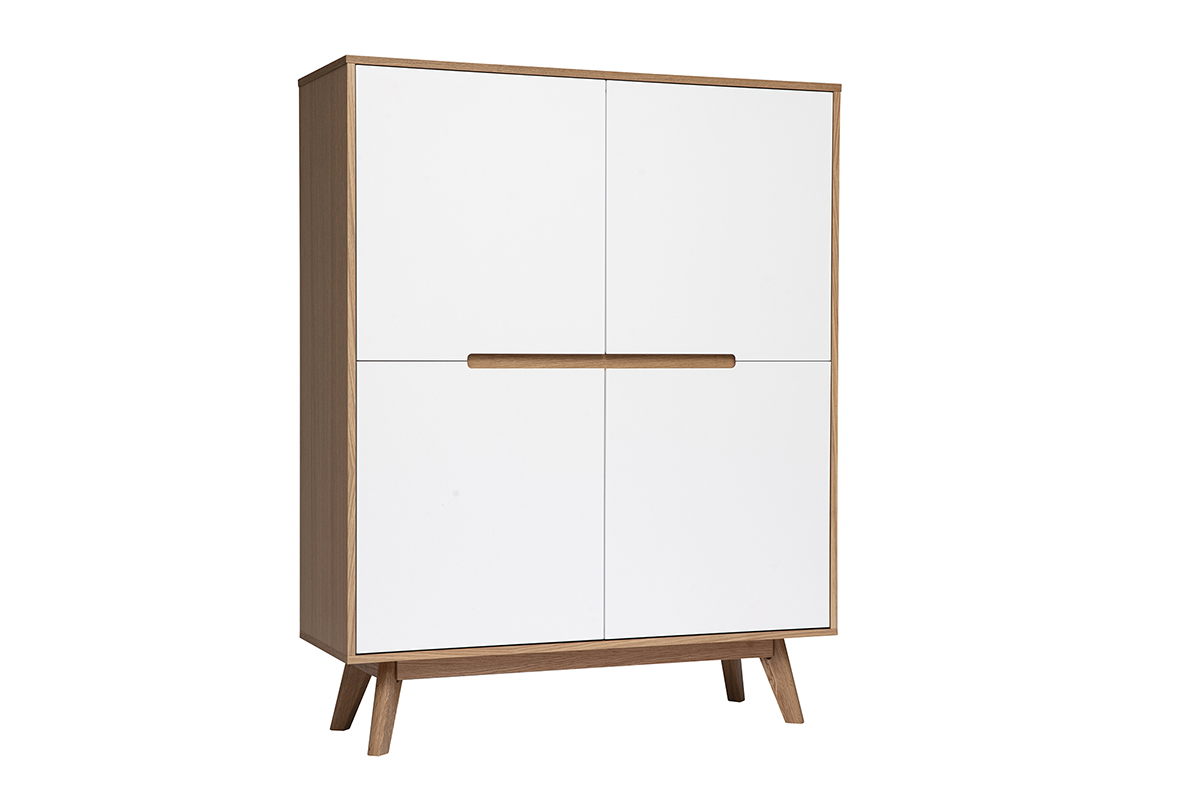 Buffet haut scandinave bois et blanc HELIA, vue de trois-quarts.