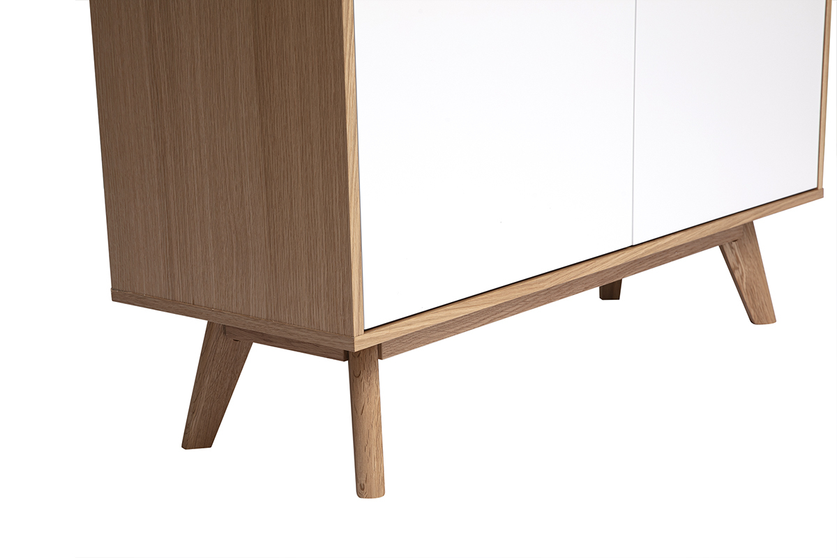 Buffet haut scandinave bois et blanc, vue de c�t�, pieds en ch�ne massif.
