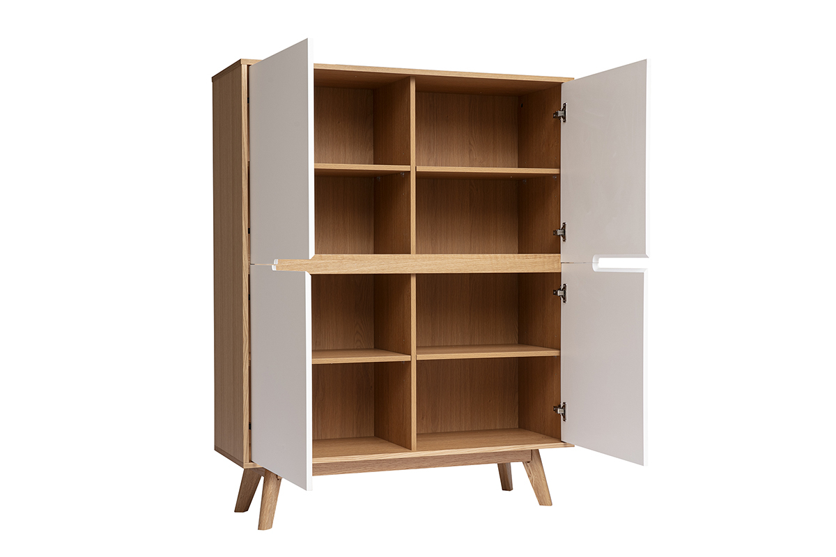 Buffet scandinave bois et blanc, portes ouvertes, vue de 3/4.