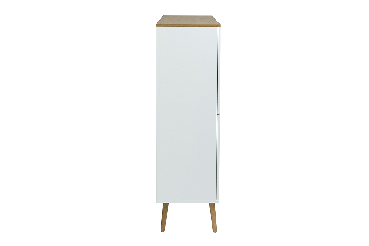 Buffet haut scandinave blanc avec plateau en ch�ne clair, vue de profil, pieds en bois massif.