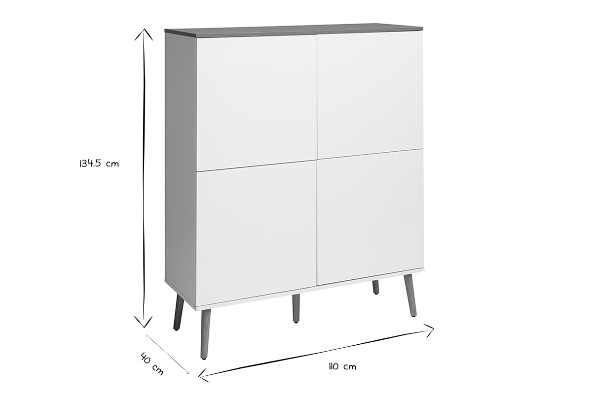 Buffet haut scandinave ANDERS, dimensions L110 x P40 x H134,5 cm en noir et blanc.