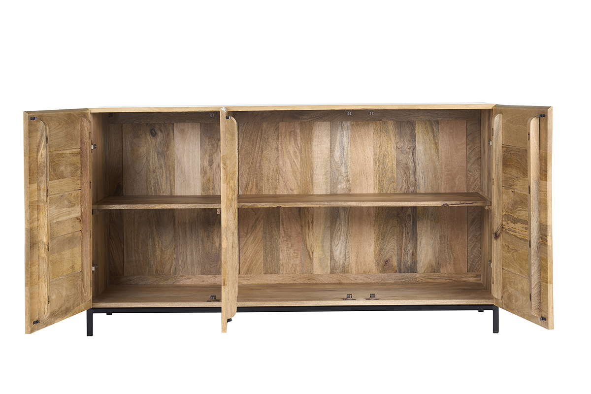 Buffet industriel en bois manguier et m�tal noir, 3 portes ouvertes, vue de face.
