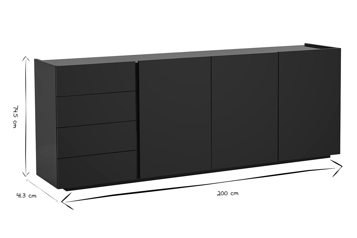 Buffet noir brillant ISAURE avec dimensions L200 x P41,3 x H74,5 cm en noir et blanc.