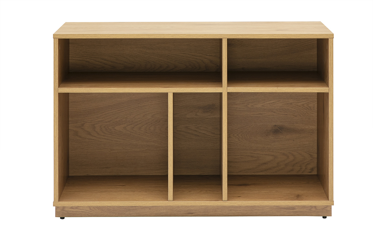 Buffet ouvert en bois clair ch�ne, quatre espaces de rangement, vue de face.