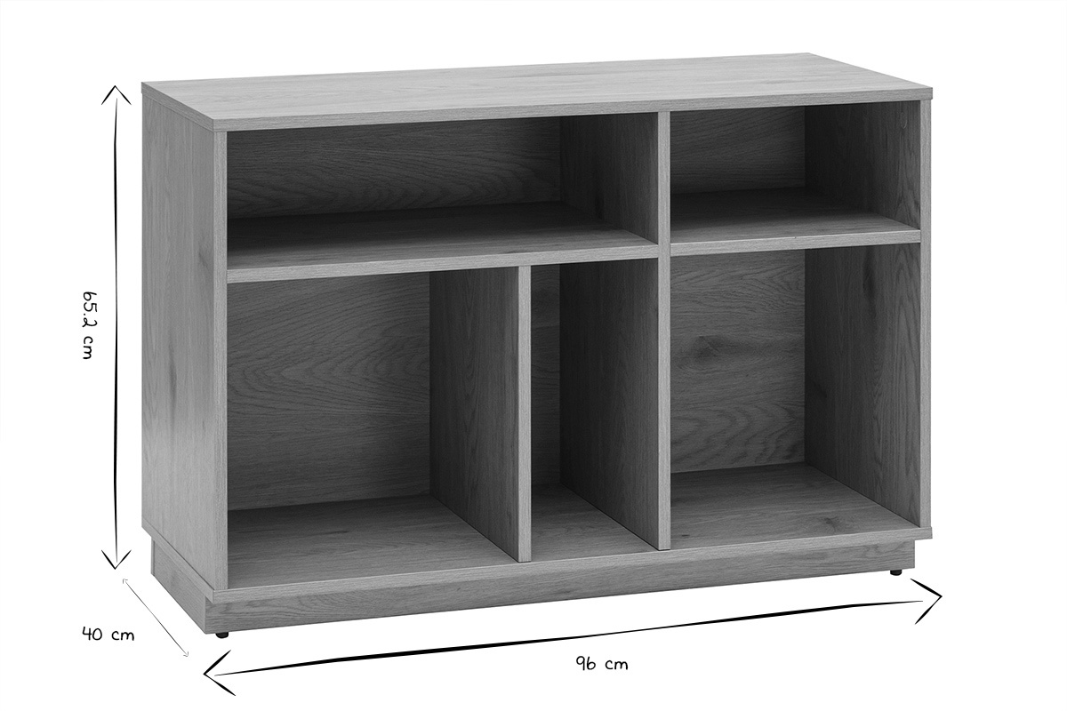 Buffet ouvert avec dimensions L96xH85.2xP40 cm, finition ch�ne clair, vue de face, noir et blanc.