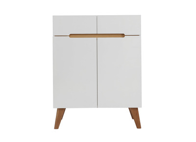 Buffet scandinave blanc brillant et finition bois clair 2 portes 2 tiroirs L80cm MELKA