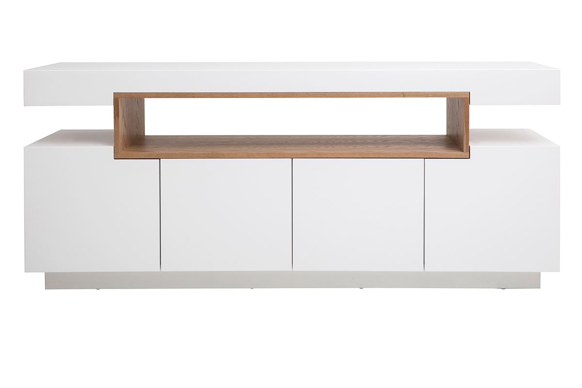 Buffet scandinave blanc laqu brillant et bois 4 portes L180 cm LIVO