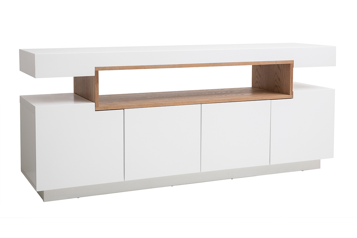 Buffet scandinave blanc laqu brillant et bois 4 portes L180 cm LIVO