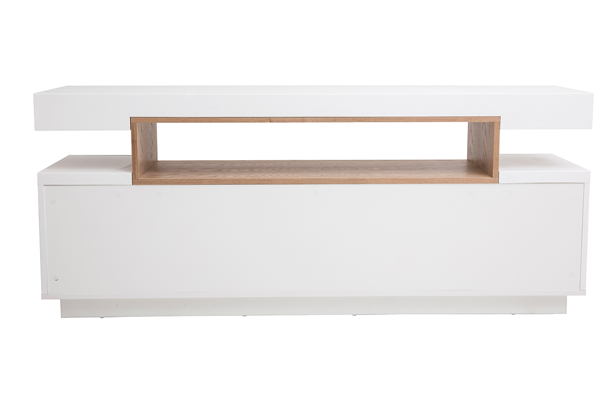 Buffet scandinave blanc laqu brillant et bois 4 portes L180 cm LIVO