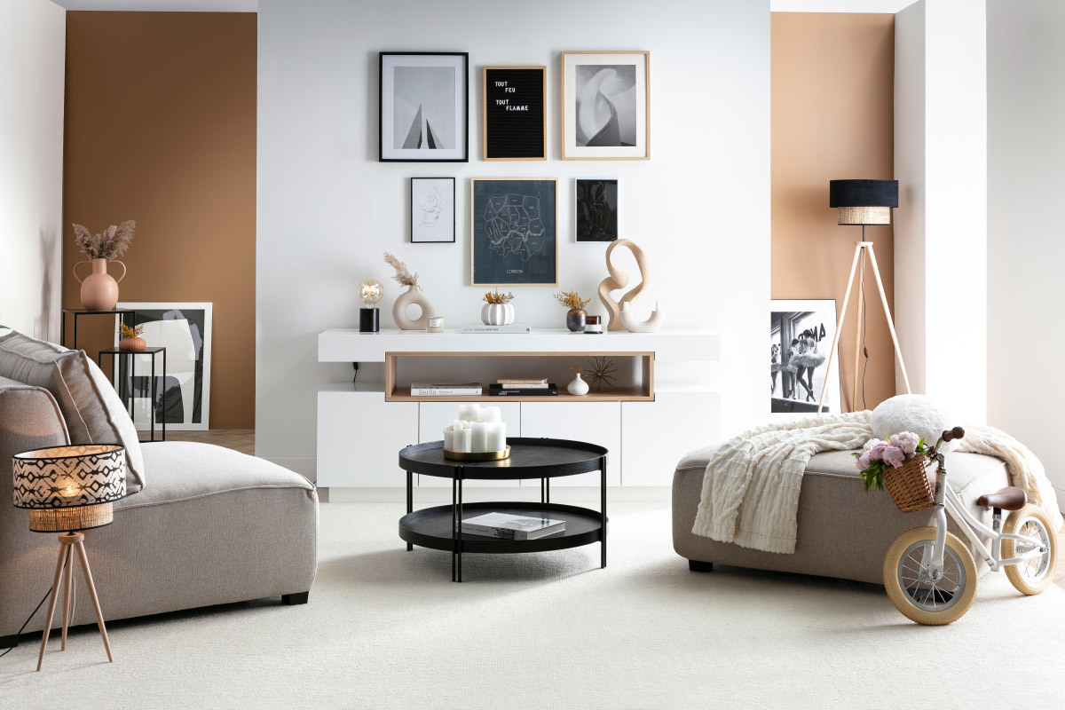 Buffet scandinave blanc laqu brillant et bois 4 portes L180 cm LIVO