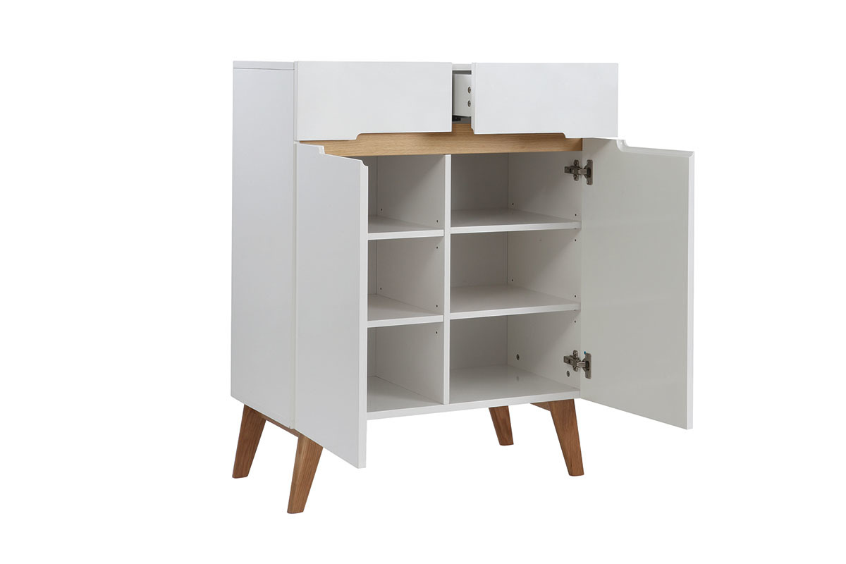 Buffet scandinave blanc laqu� brillant et finition bois clair 2 portes 2 tiroirs L80 cm MELKA