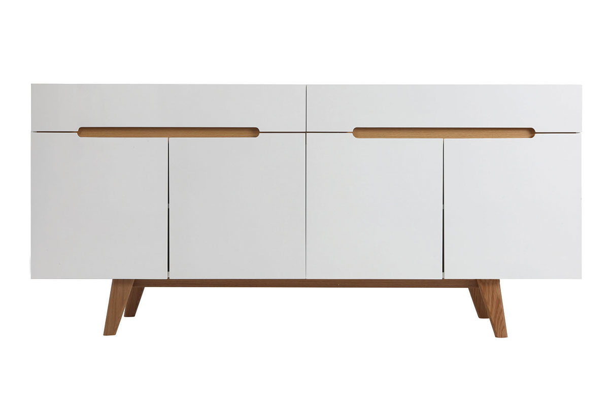Buffet scandinave blanc laqu� brillant et finition bois clair 4 portes 2 tiroirs L180 cm MELKA