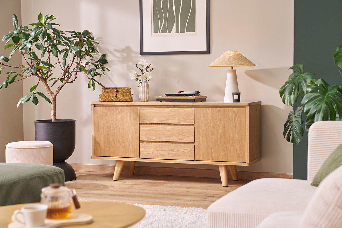 Buffet scandinave en bois clair 2 portes 3 tiroirs L160 cm FIFTIES