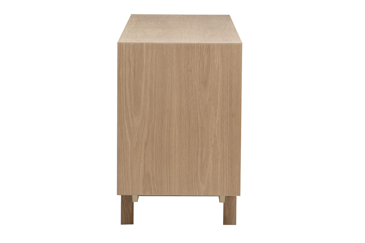 Buffet scandinave en bois clair, vue de profil, sur pieds en bois massif.