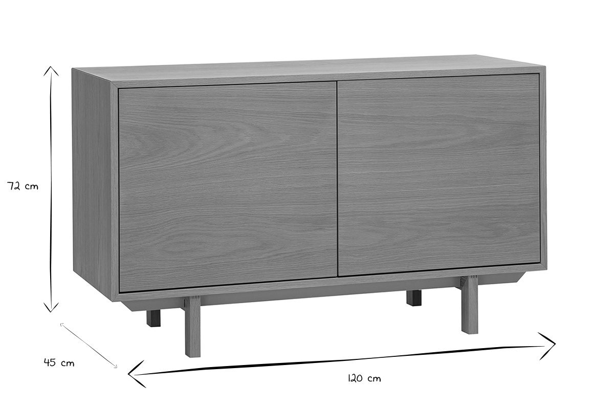 Dimensions du buffet scandinave en bois clair L120 cm, H72 cm, P45 cm en noir et blanc.