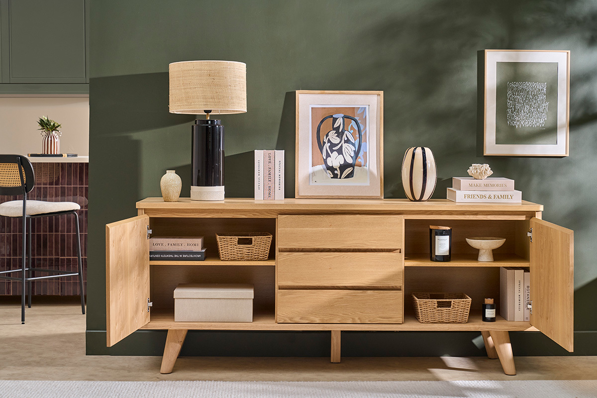 Buffet scandinave en bois clair fr�ne 2 portes 3 tiroirs L180 cm FIFTIES