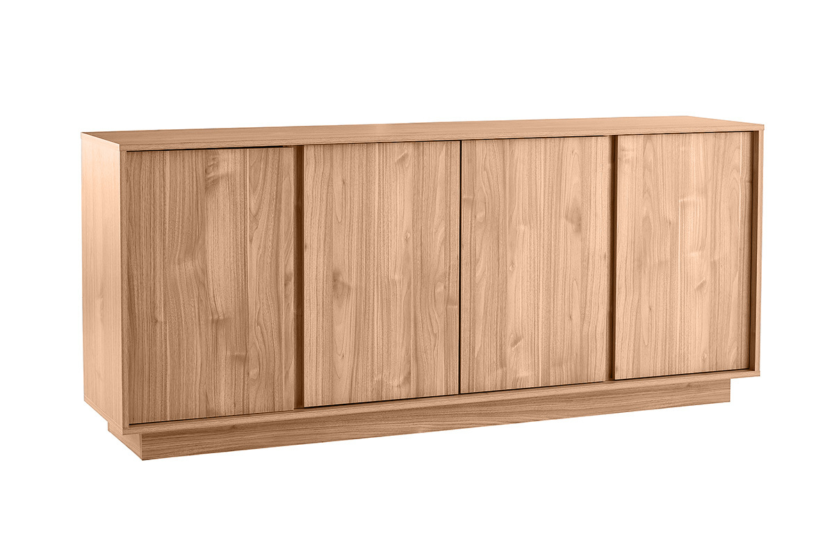 Buffet scandinave compos de panneaux en bois chne, 4 portes, L180 cm, finition bois clair.