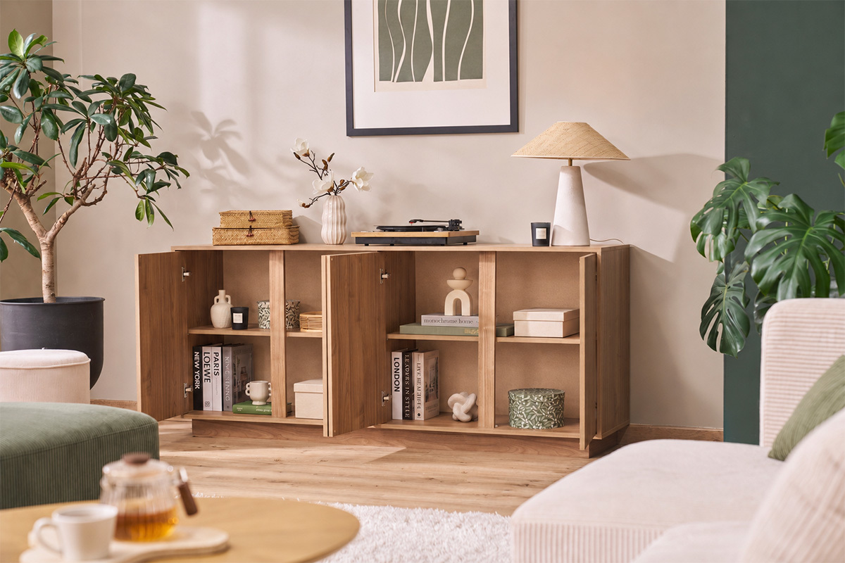 Buffet scandinave finition bois ch�ne 4 portes L180 cm COMO