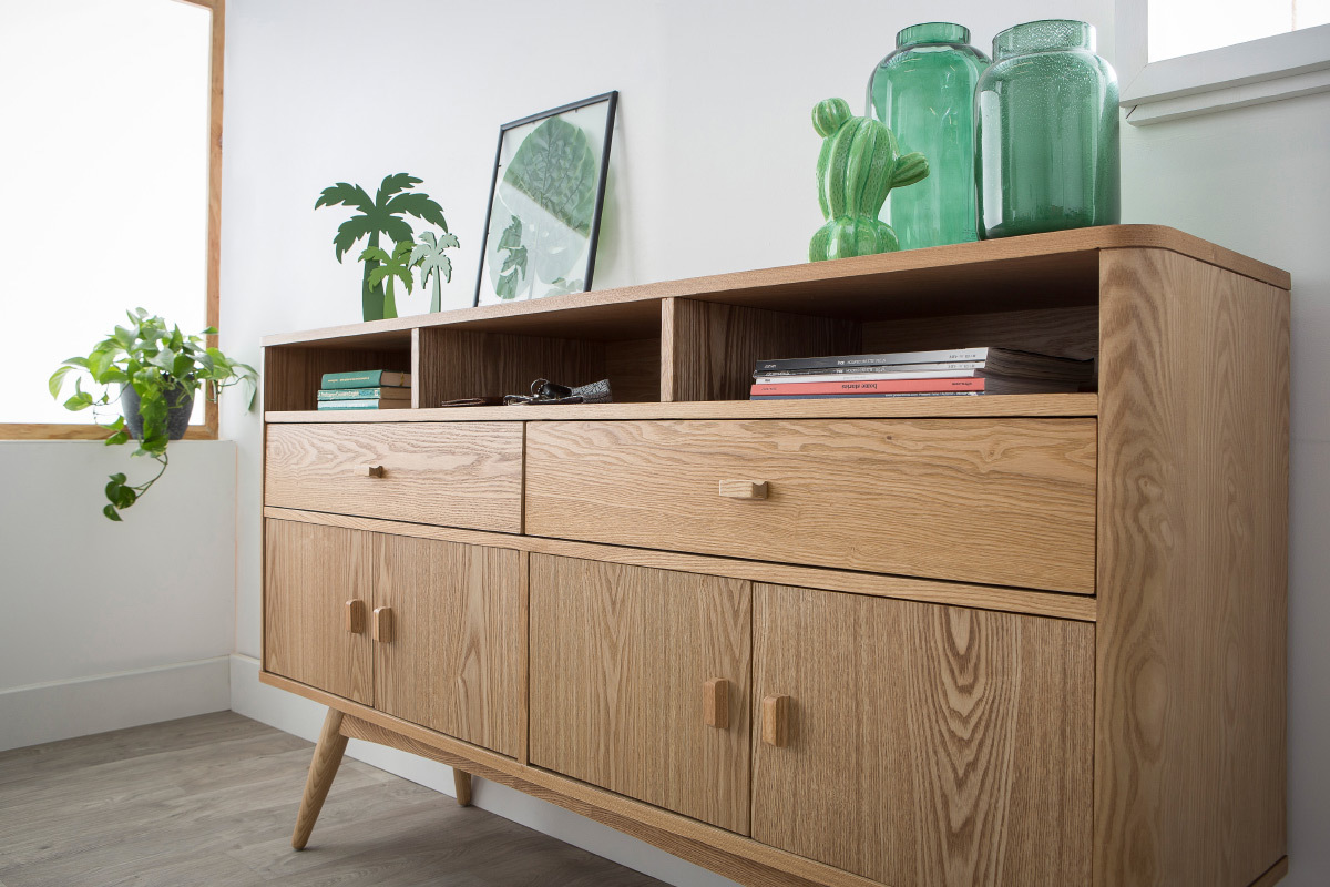 Buffet Salle à Manger Avec étagères OOIILLEE - Dimensions 160x40x80 Cm, Finition Bois Naturel, Design Scandinave, Montage Facile