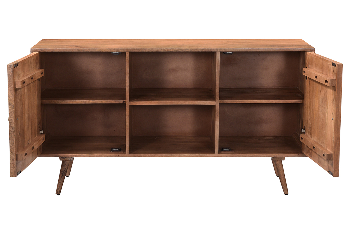 Buffet vintage en bois fonc� manguier massif avec portes grav�es motifs pointe de diamant L140 cm HIRA