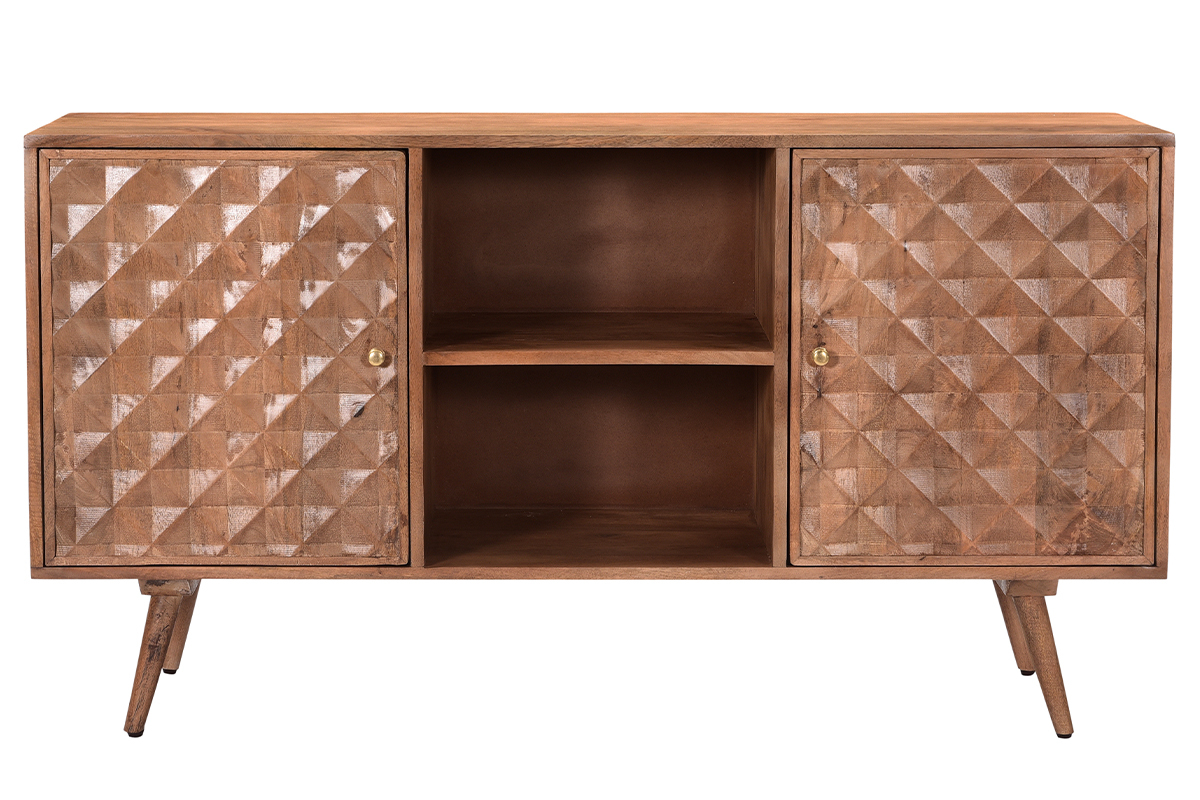 Buffet vintage en bois fonc� manguier massif avec portes grav�es motifs pointe de diamant L140 cm HIRA
