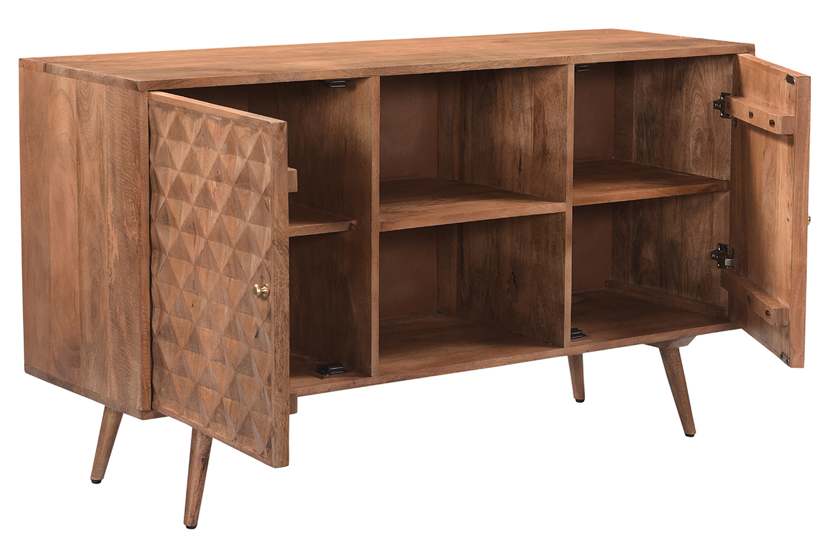 Buffet vintage en bois fonc� manguier massif avec portes grav�es motifs pointe de diamant L140 cm HIRA
