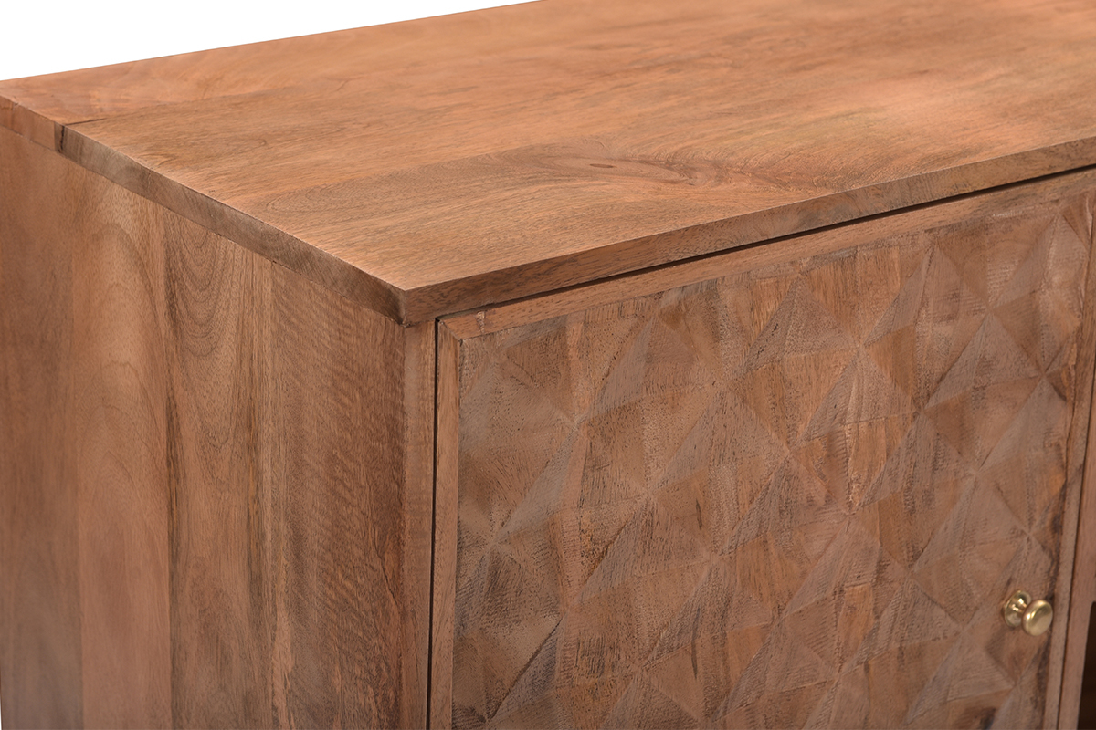 Buffet vintage en bois fonc� manguier massif avec portes grav�es motifs pointe de diamant L140 cm HIRA