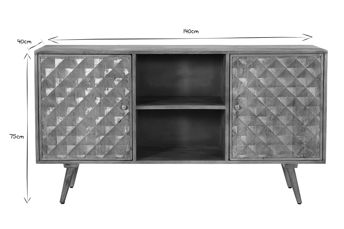 Buffet vintage en bois fonc� manguier massif avec portes grav�es motifs pointe de diamant L140 cm HIRA