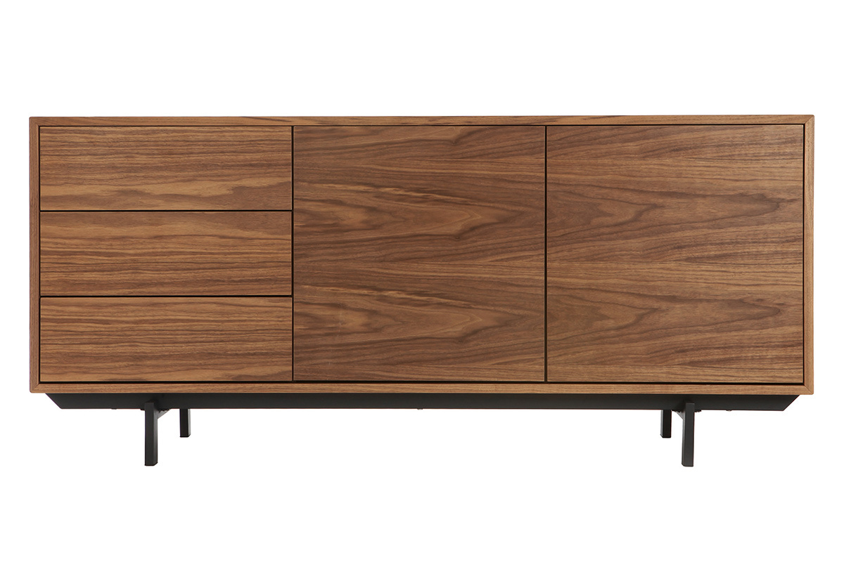 Buffet vintage en bois fonc avec 2 portes et 3 tiroirs sur pieds mtalliques, vue de face.