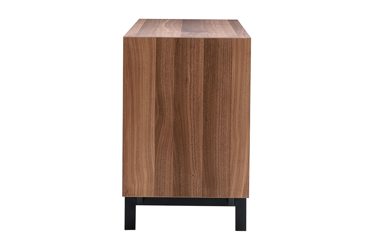 Buffet vintage en bois fonc� noyer, vue de c�t�, avec pi�tement m�tallique noir.