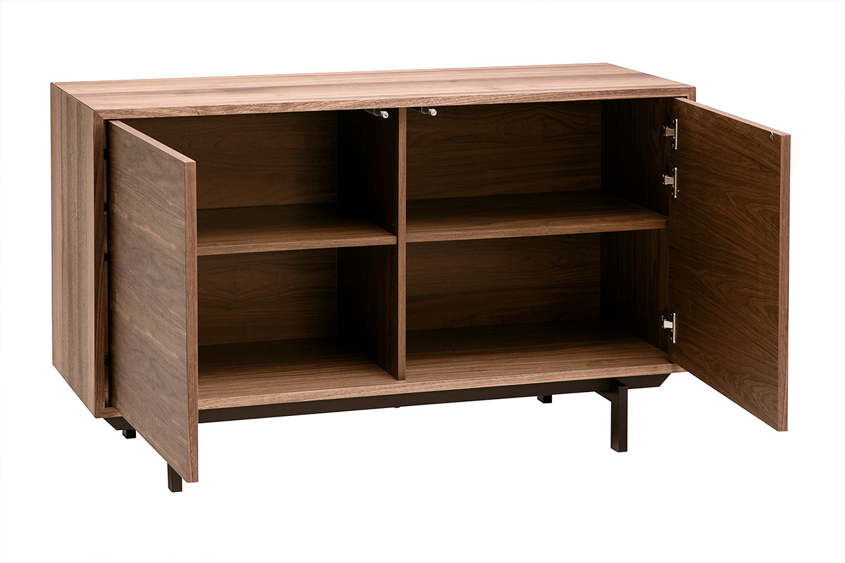 Buffet vintage en bois fonc� noyer 2 portes ouvert avec �tag�res internes, vue de 3/4