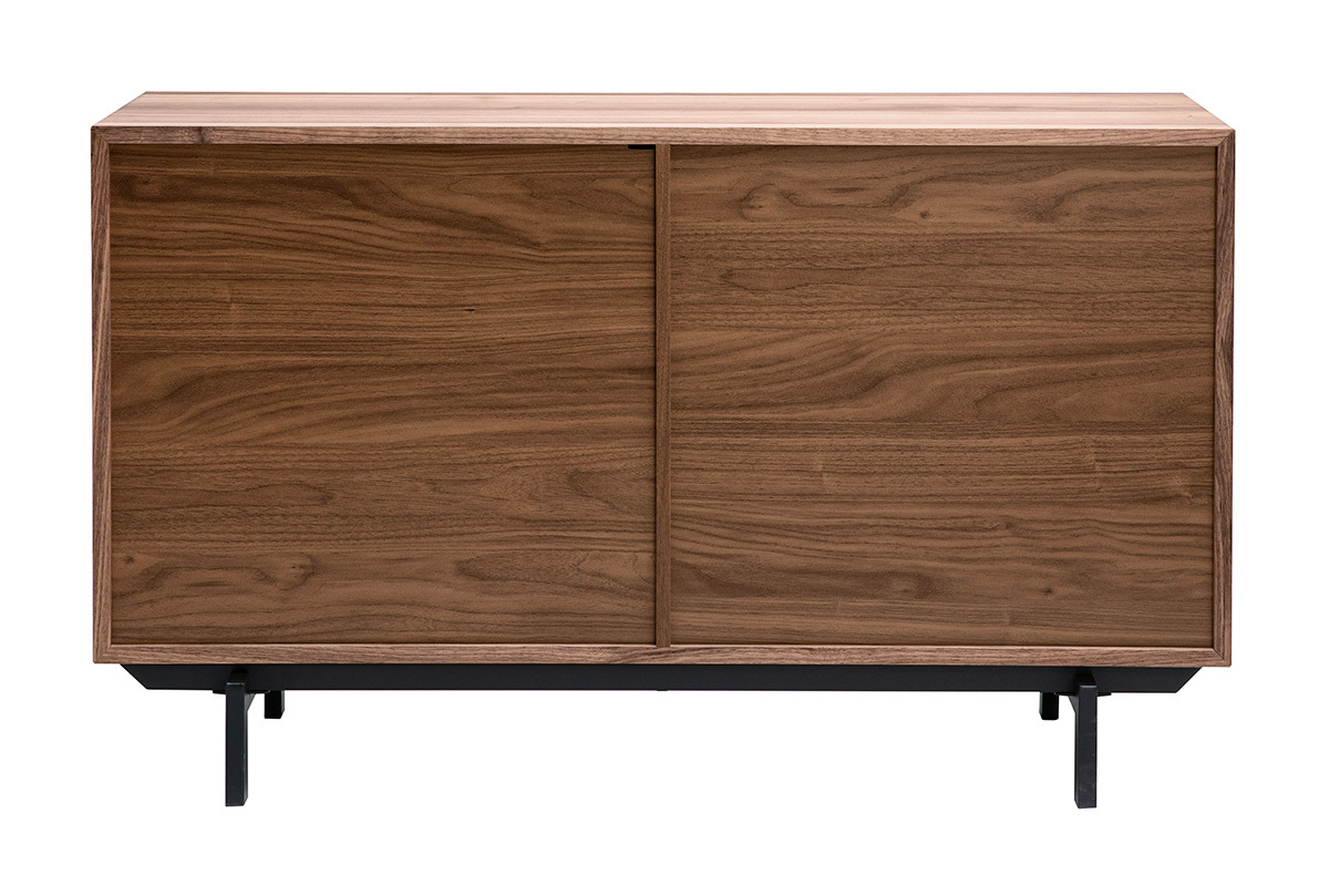 Buffet vintage en bois fonc� noyer 2 portes, vue de dos, L120 cm, pi�tement m�tallique noir.