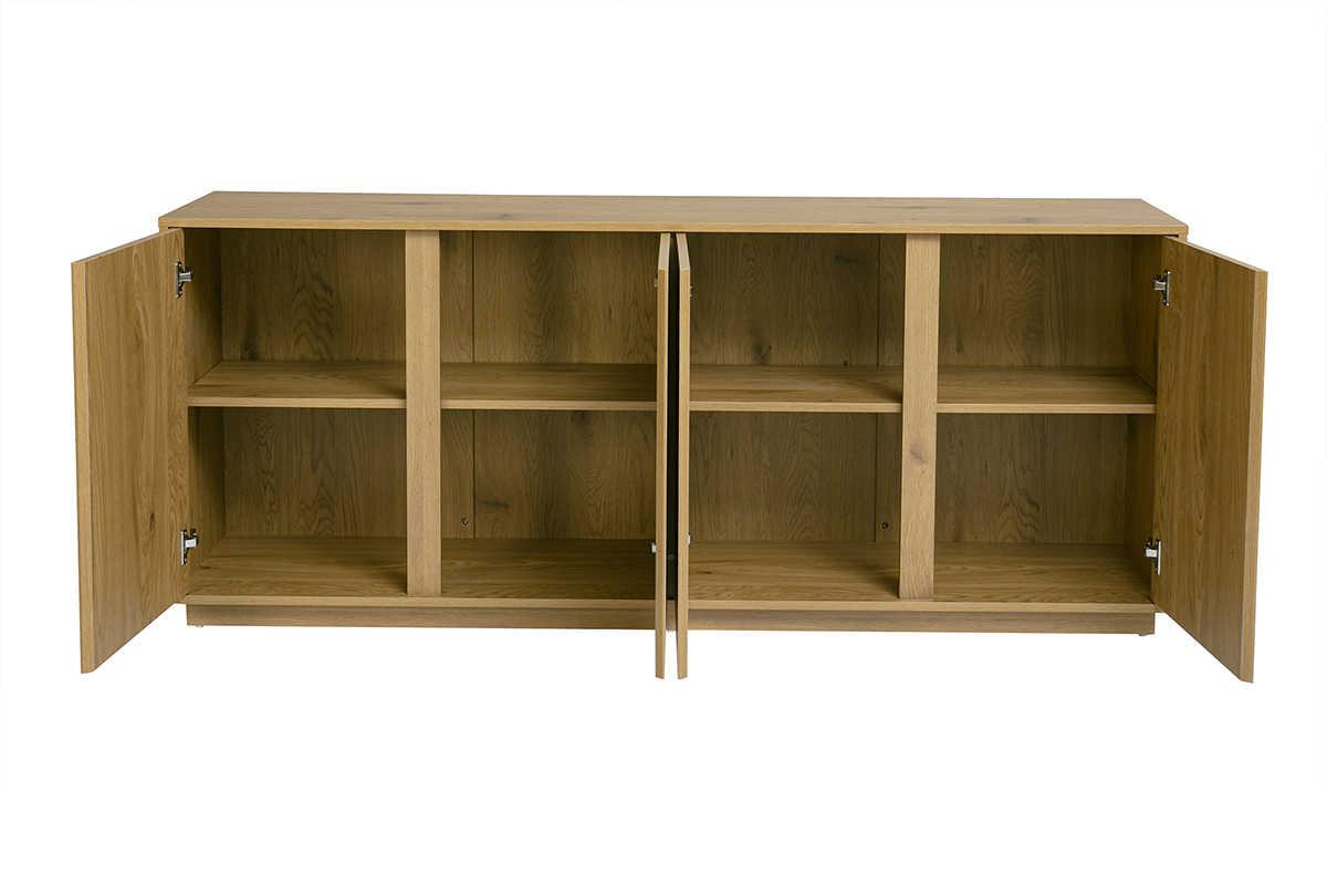 Buffet vintage en bois ch�ne, vue de face avec 4 portes ouvertes et �tag�res int�rieures.