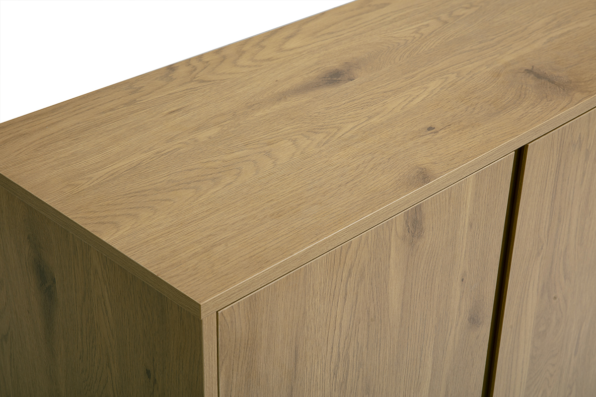 Vue du dessus du buffet vintage en bois ch�ne, finition claire et surface lisse.
