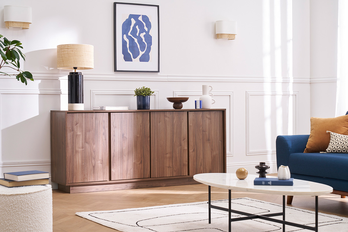 Buffet vintage finition bois fonc noyer 4 portes L180 cm COMO