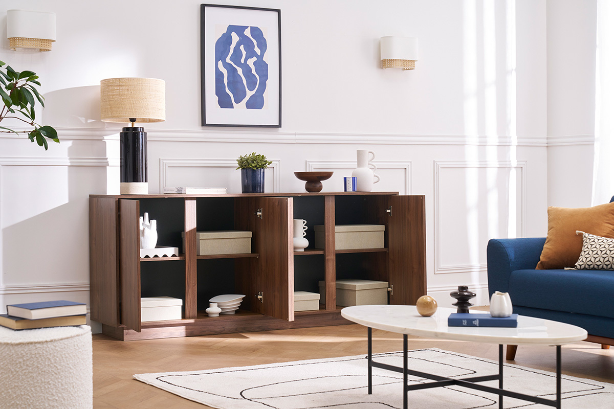 Buffet vintage finition bois fonc noyer 4 portes L180 cm COMO