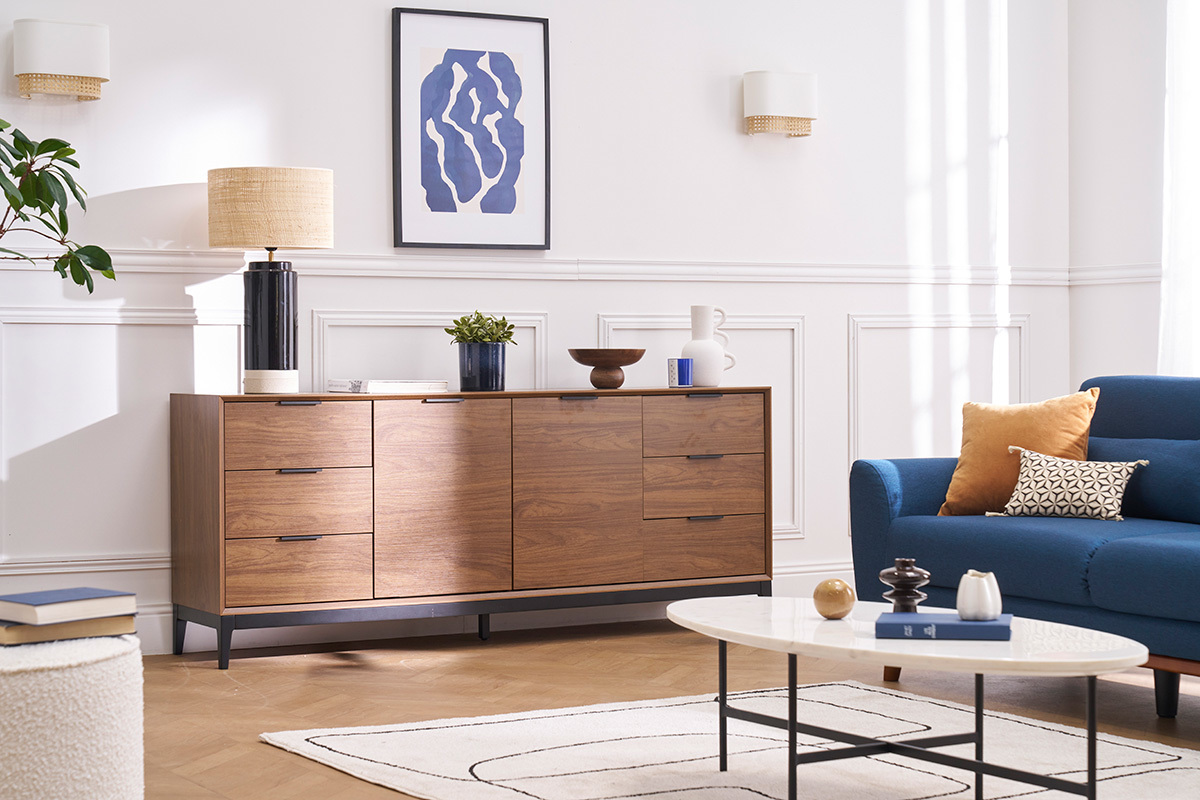 Buffet vintage finition bois fonc noyer et mtal noir avec rangements L180 cm SARTO