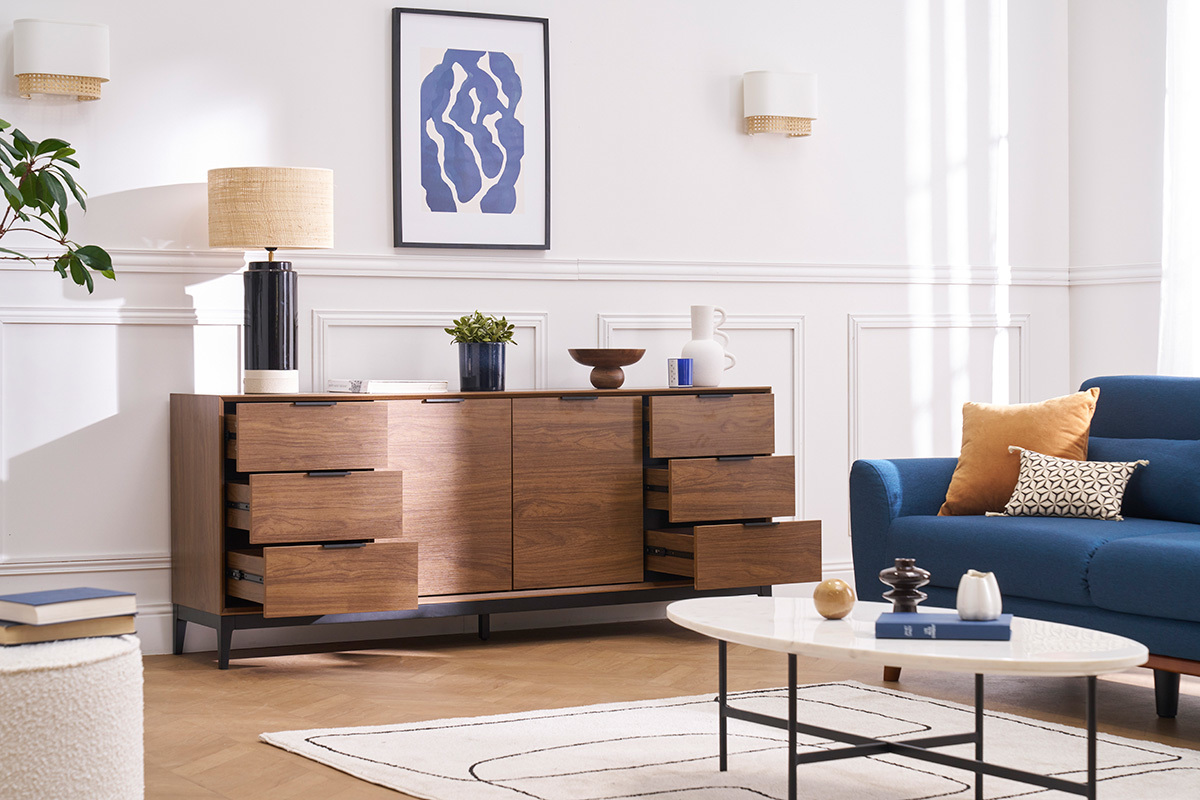 Buffet vintage finition bois fonc noyer et mtal noir avec rangements L180 cm SARTO