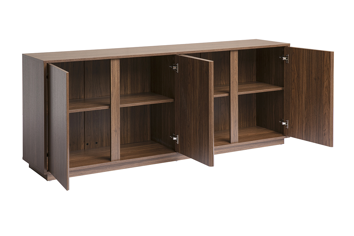 Buffet vintage en bois de noyer avec trois portes ouvertes, vue de 3/4.
