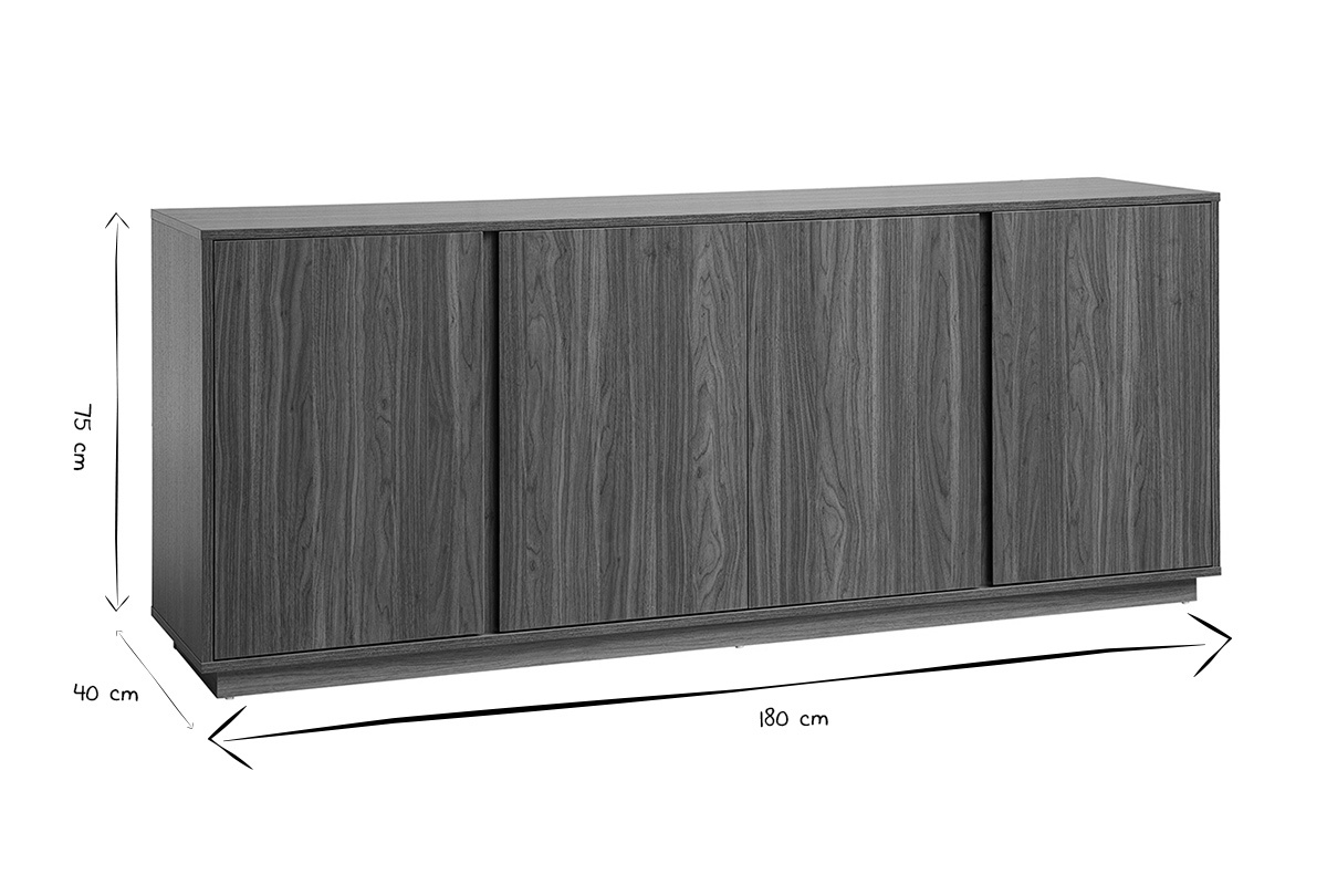 Buffet vintage 3 portes, dimensions 180x40x75 cm, vue de face, noir et blanc.