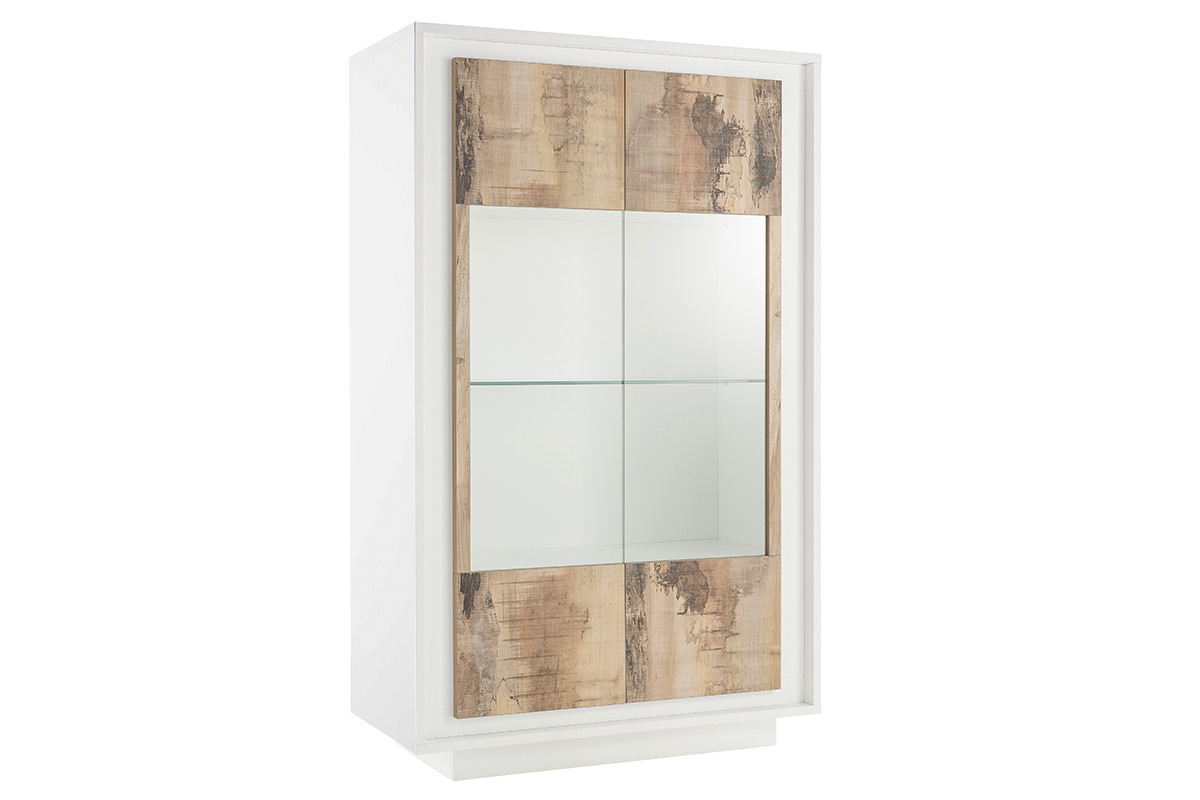 Buffet vitr design blanc et dcor bois clair LAND