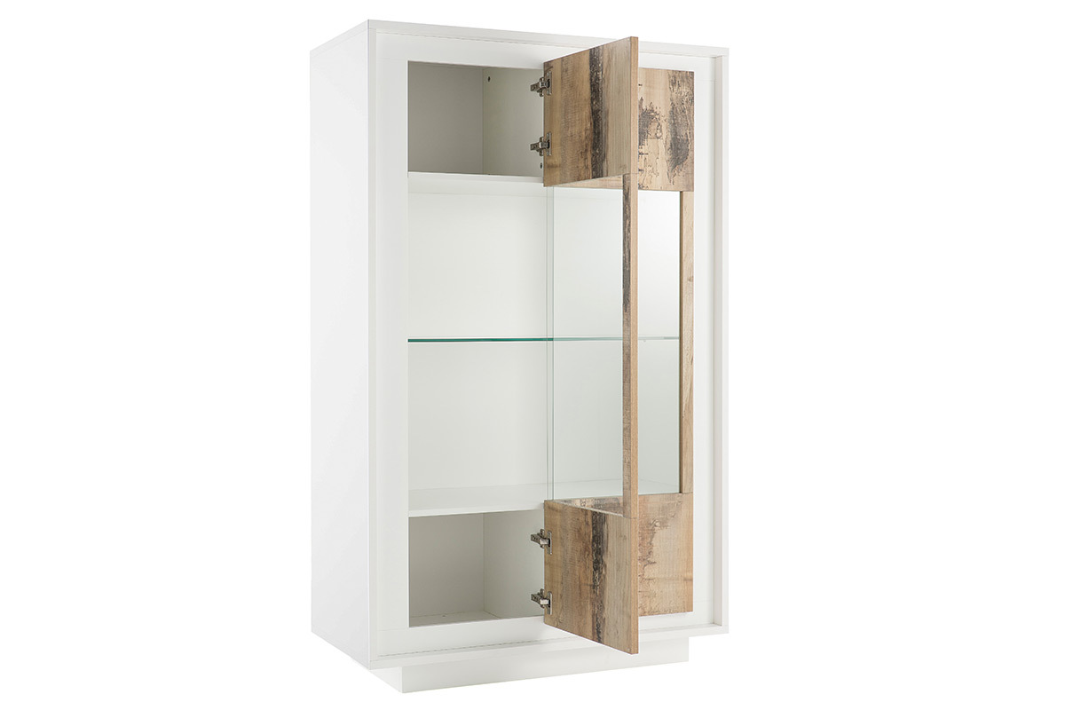 Buffet vitr design blanc et dcor bois clair LAND