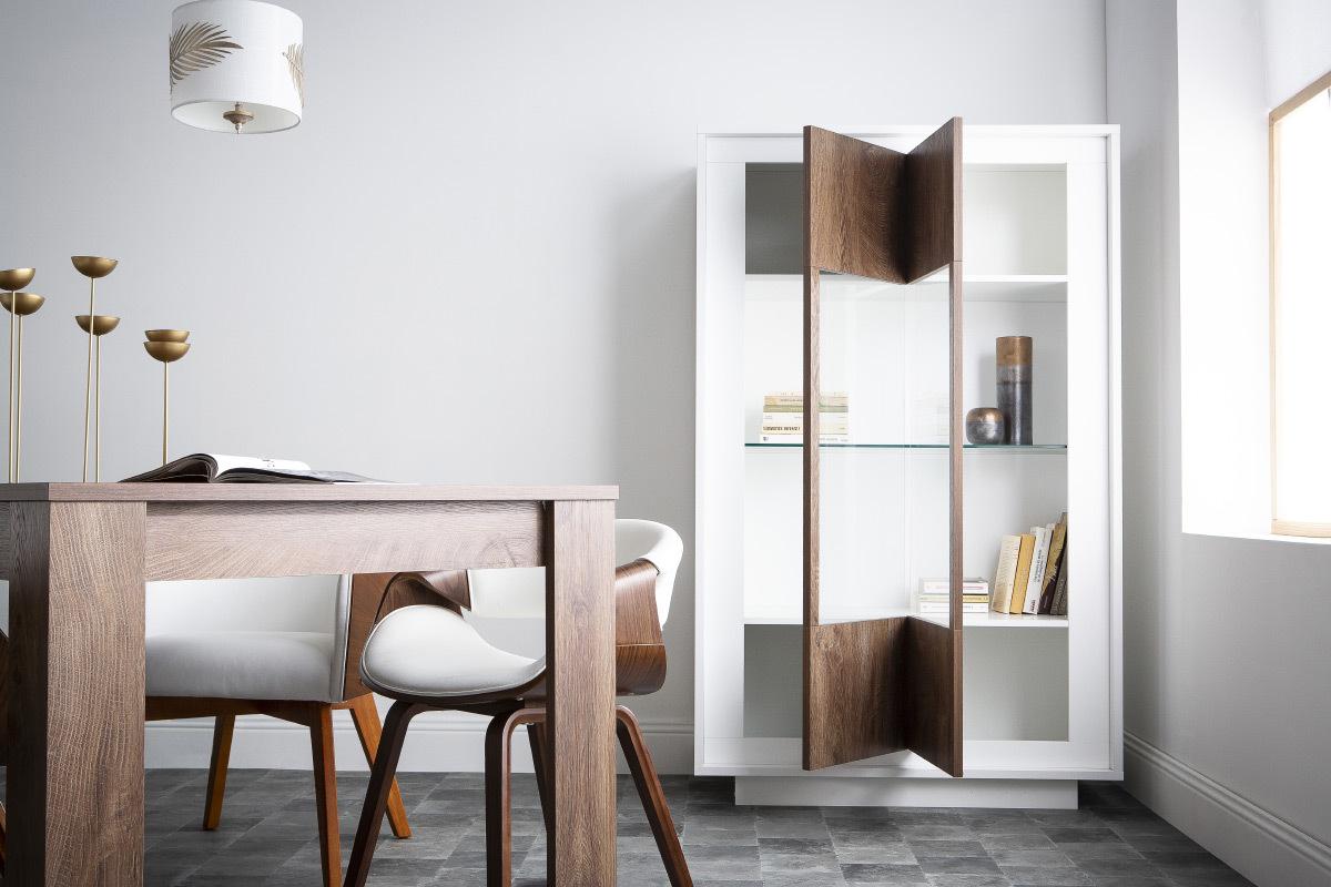 Buffet vitr design blanc et dcor bois fonc LAND