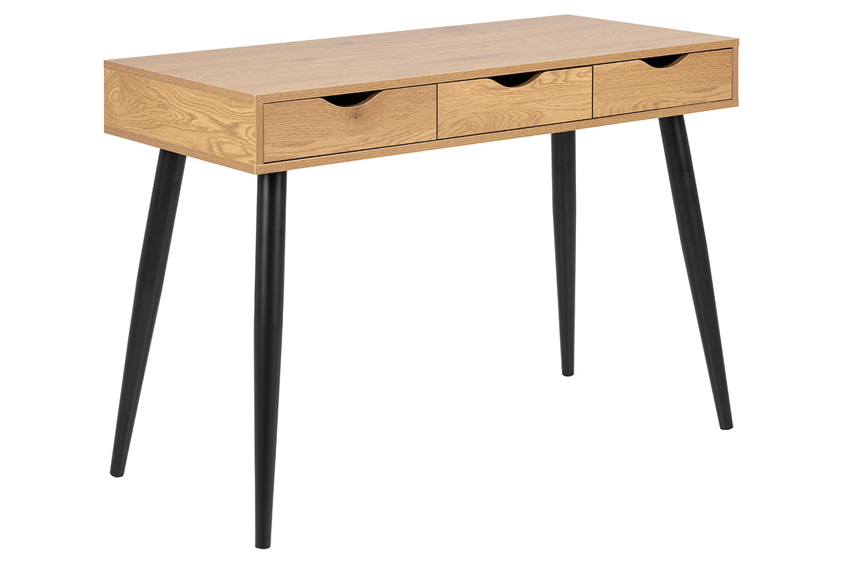 Bureau � rangements 3 tiroirs industriel bois clair ch�ne et m�tal noir L110 cm BALZAC