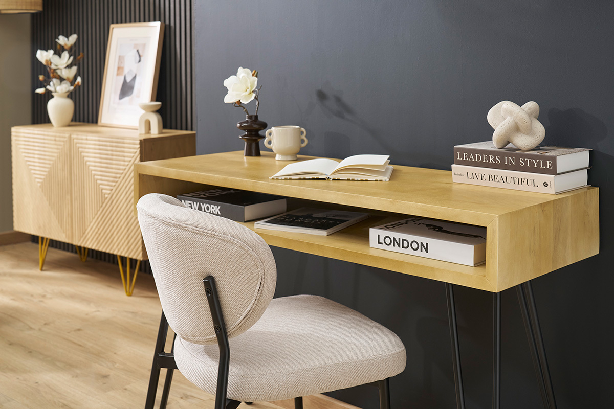 Bureau avec rangement en bois manguier massif et mtal noir L116 cm VIBES