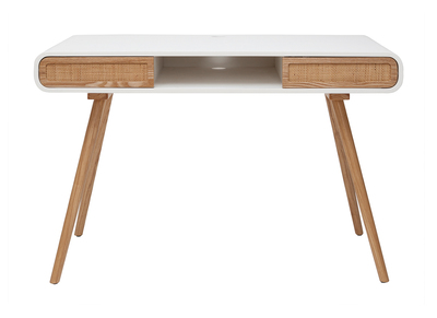 Bureau avec rangement vintage blanc, cannage et bois clair L120 cm OLYMPE