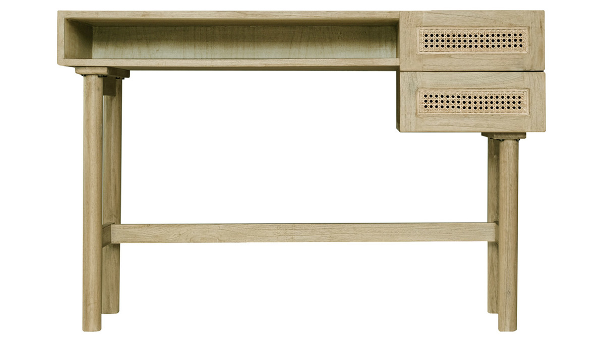 Bureau avec rangements 2 tiroirs bois clair et cannage rotin L120 cm GALINA