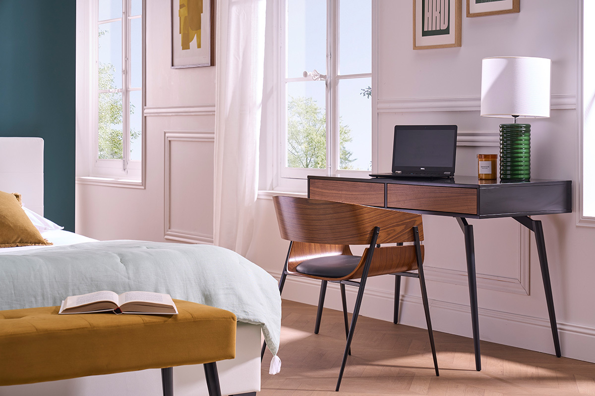 Bureau avec rangements 2 tiroirs design noir mat et bois fonc noyer L120 cm TRIPOLI