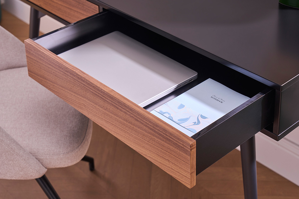 Bureau avec rangements 2 tiroirs design noir mat et bois fonc noyer L120 cm TRIPOLI