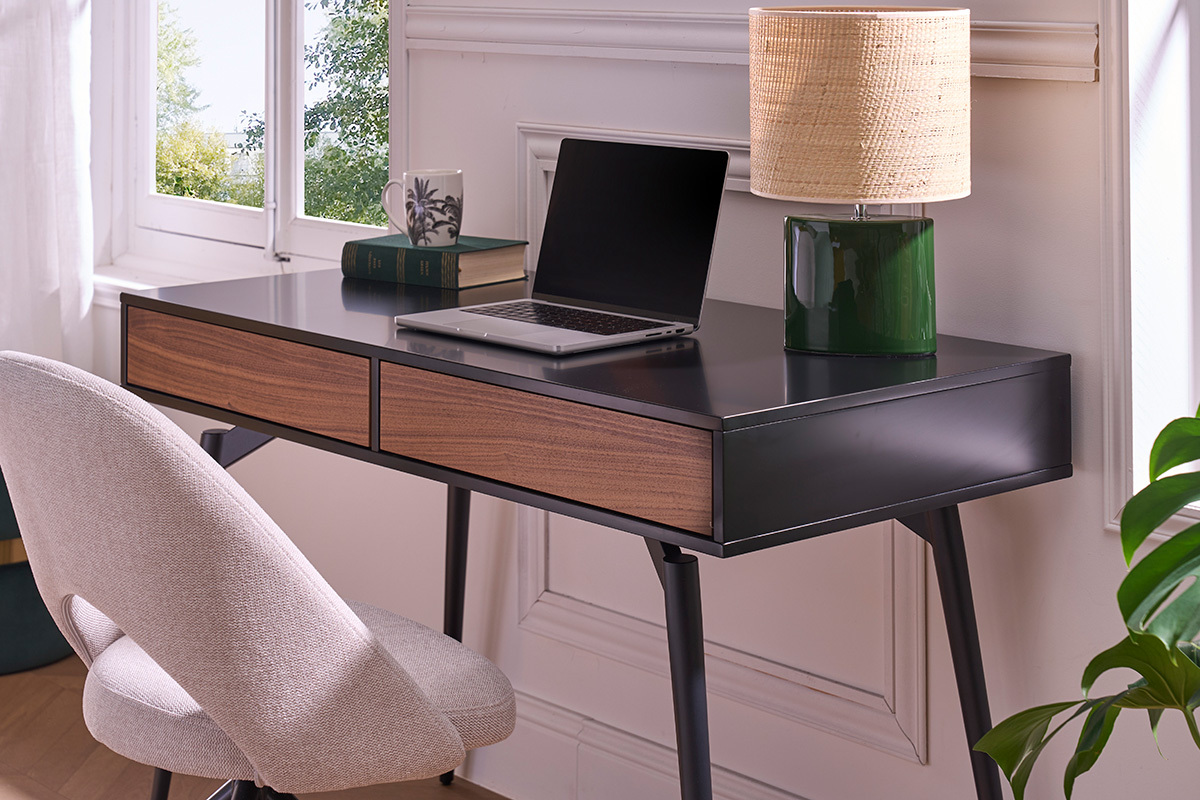 Bureau avec rangements 2 tiroirs design noir mat et bois fonc noyer L120 cm TRIPOLI